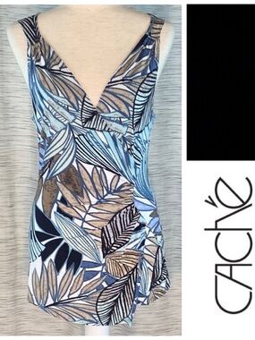 Cache Light Blue and Cream Floral Leaf Print Sleeveless Top.